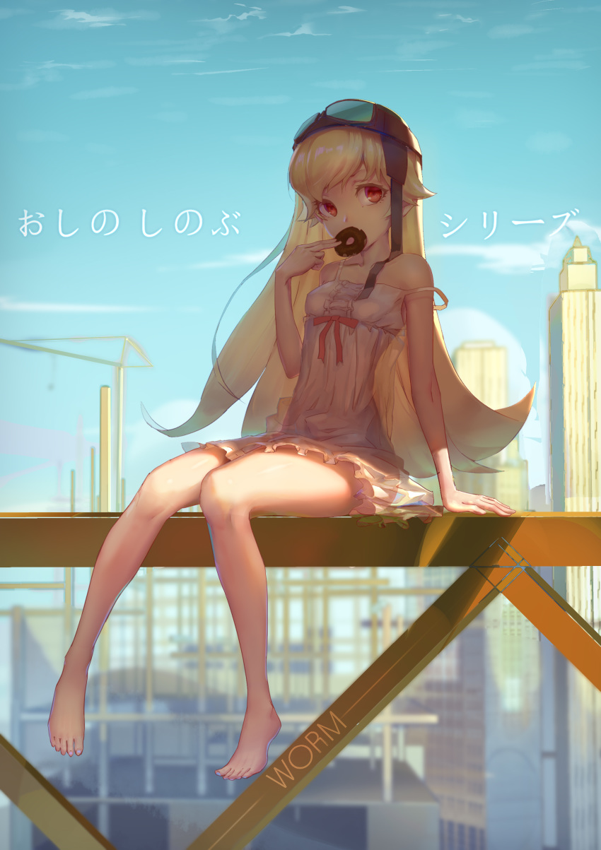 1girl absurdres arm_support bakemonogatari bare_arms bare_legs bare_shoulders barefoot blonde_hair blue_sky building cityscape collarbone commentary_request construction_site day doughnut dress eating food goggles goggles_on_headwear hei_huo_chong helmet highres looking_at_viewer monogatari_(series) oshino_shinobu outdoors pink_dress pink_skirt red_eyes sitting skirt sky skyscraper solo spaghetti_strap steel_beam strap_slip sunlight translation_request