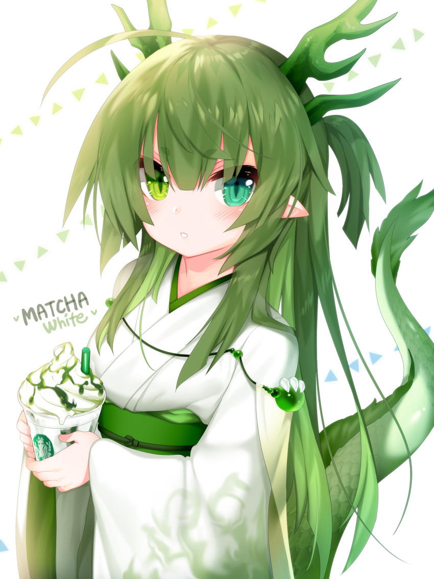 1girl ahoge antlers bangs beads blush cup disposable_cup dragon_girl dragon_tail drink drinking_straw eyebrows_visible_through_hair green_eyes green_hair hair_between_eyes heterochromia highres holding holding_cup japanese_clothes kimono long_hair mofuaki original personification pointy_ears short_eyebrows slit_pupils solo starbucks tail thick_eyebrows very_long_hair white_background