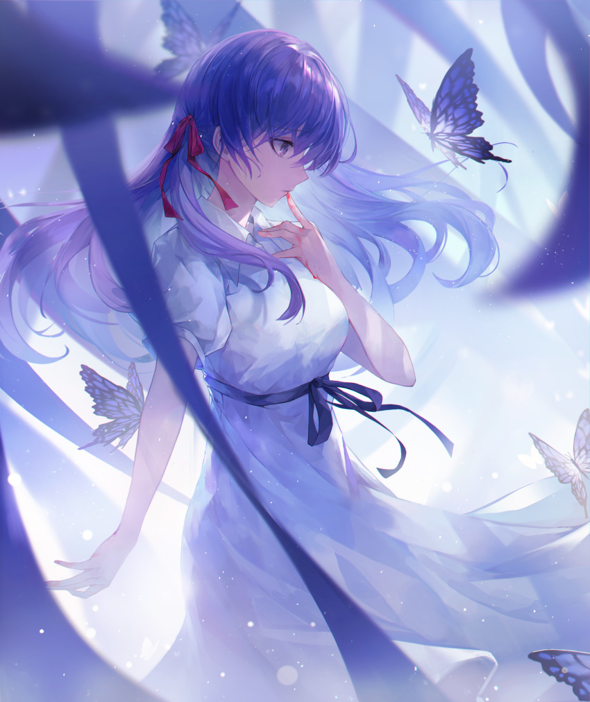 absurdres backlighting bangs black_ribbon blood bloody_hands blurry blurry_foreground breasts bug butterfly closed_mouth commentary_request crystalherb depth_of_field dress eyebrows_visible_through_hair fate/stay_night fate_(series) feet_out_of_frame finger_to_mouth from_side heaven's_feel highres insect long_hair looking_away matou_sakura medium_breasts profile purple_hair ribbon short_sleeves standing symbol_commentary violet_eyes white_dress