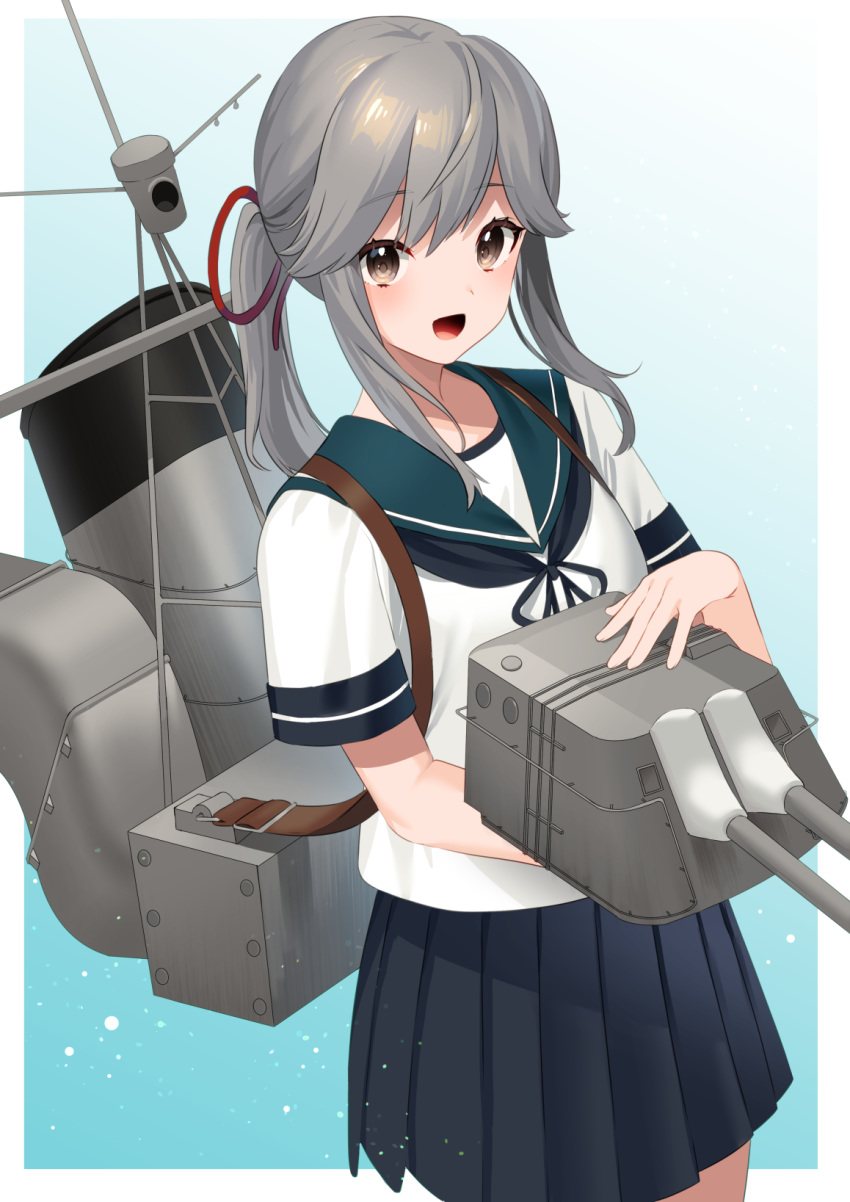 1girl black_skirt blue_sailor_collar brown_eyes cowboy_shot grey_hair highres kantai_collection long_hair looking_at_viewer machinery mizuki_eiru_(akagi_kurage) open_mouth pleated_skirt sailor_collar school_uniform serafuku short_sleeves sidelocks skirt smile smokestack solo turret usugumo_(kantai_collection)