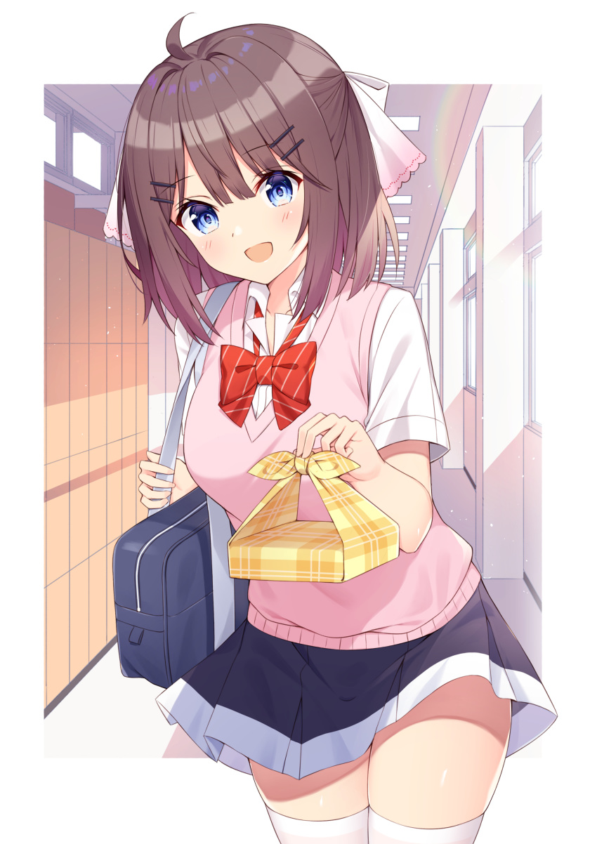 1girl :d absurdres ahoge bag bangs black_skirt blue_eyes blunt_bangs border brown_hair collared_shirt commentary hair_ornament hair_ribbon hairclip hallway highres holding lens_flare locker looking_at_viewer obentou open_mouth original pink_sweater_vest plaid pleated_skirt red_neckwear ribbon school_bag school_uniform shirt skirt smile solo t@ke-g thigh-highs white_border white_legwear white_shirt window wrapped_obentou