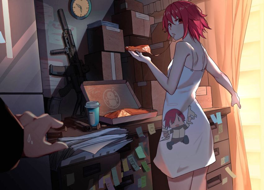 1girl alternate_costume apple_pie arknights blurry box breasts cardboard_box casual character_print chinese_commentary clock cowboy_shot cup curtains depth_of_field drawer dress drink exusiai_(arknights) food gun handgun highres holding holding_food looking_at_viewer machine_gun mirrorya no_wings paper penguin_logistics_logo red_eyes redhead short_hair sleeveless sleeveless_dress small_breasts solo_focus spaghetti_strap sticky_note sweatdrop table thighs weapon white_dress