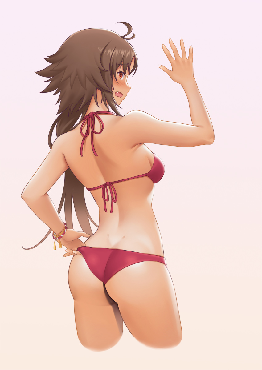 1girl absurdres ahoge ass back bare_shoulders bikini blush brown_hair dawn_(664387320) fang highres long_hair looking_at_viewer open_mouth pink_background princess_connect! princess_connect!_re:dive red_bikini red_eyes simple_background solo swimsuit