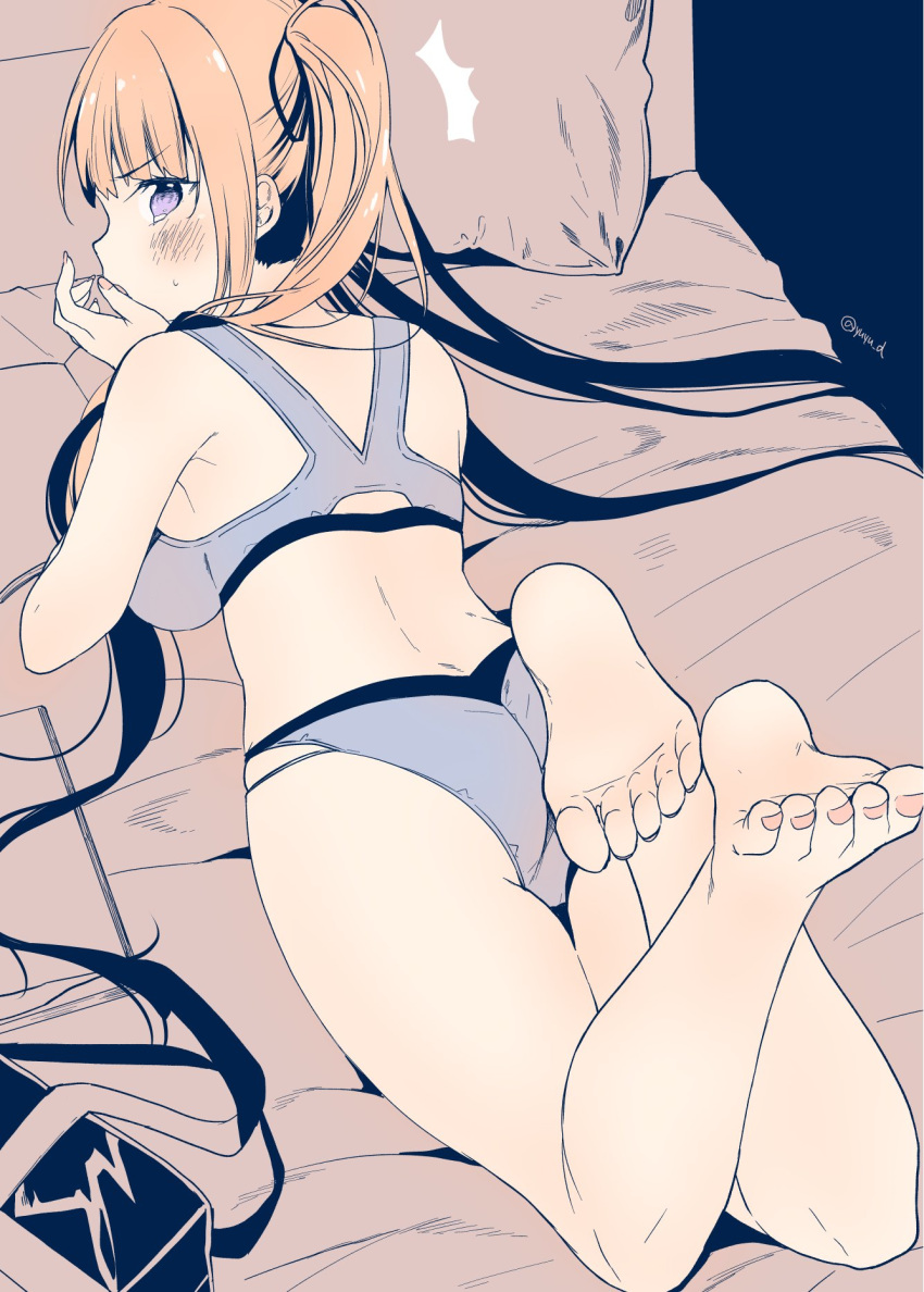 1girl ass back bag bare_shoulders blonde_hair blush bra breasts highres looking_at_viewer lying on_bed on_stomach original panties pillow school_bag solo sweatdrop twintails underwear underwear_only violet_eyes yu_yu