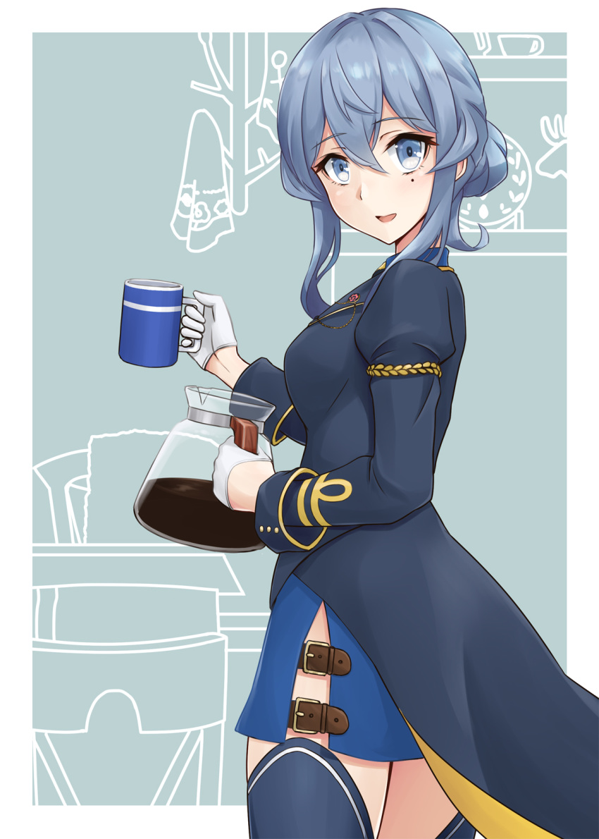 1girl black_neckwear blue_background blue_eyes blue_hair border coffee coffee_mug coffee_pot collared_shirt cup gloves gotland_(kantai_collection) hair_bun half_gloves highres kantai_collection kodama_(mmt_uf) long_hair looking_at_viewer military military_uniform mole mole_under_eye mug remodel_(kantai_collection) shirt solo thigh-highs two-tone_background uniform white_border