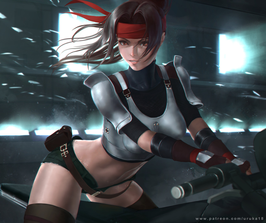 1girl belt belt_pouch black_shorts boobplate breastplate breasts brown_legwear crop_top cutoffs final_fantasy final_fantasy_vii final_fantasy_vii_remake gloves ground_vehicle headband highres impossible_armor jessie_rasberry loose_belt medium_breasts motor_vehicle motorcycle nose open_fly pink_lips ponytail pouch red_gloves red_headband short_shorts shorts shoulder_armor solo straddling thigh-highs thighs toned uruka_18