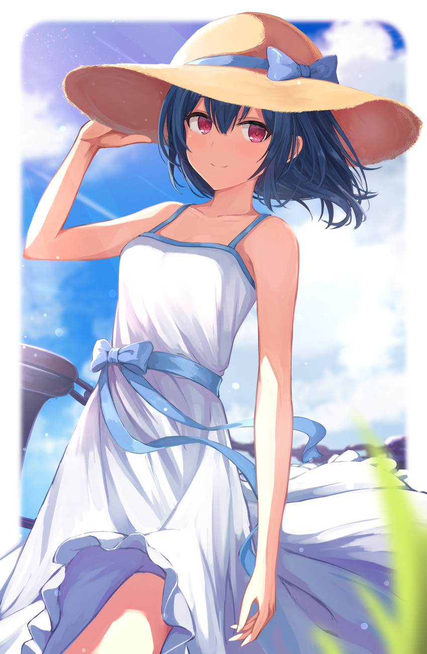 1girl alisia0812 bangs bare_shoulders blue_hair blue_ribbon blue_sky blush breasts closed_mouth collarbone dress hat highres idolmaster idolmaster_shiny_colors looking_at_viewer morino_rinze red_eyes ribbon short_hair sky small_breasts smile sun_hat white_dress