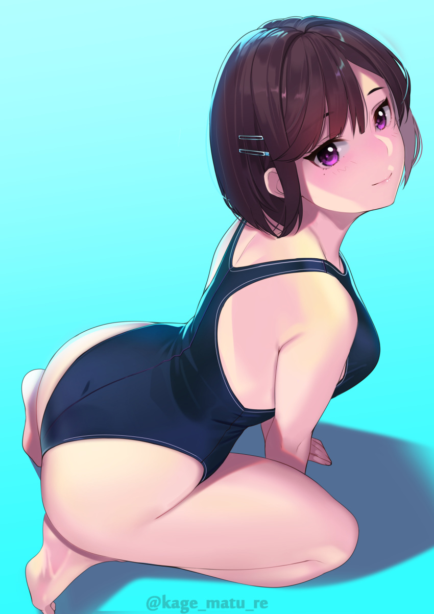 1girl absurdres all_fours ass back bangs bare_shoulders blue_background blue_swimsuit blush breasts brown_hair closed_mouth hair_ornament hairclip highleg highleg_swimsuit highres kagematsuri kneeling large_breasts leaning_forward looking_at_viewer one-piece_swimsuit original simple_background smile swimsuit thighs violet_eyes