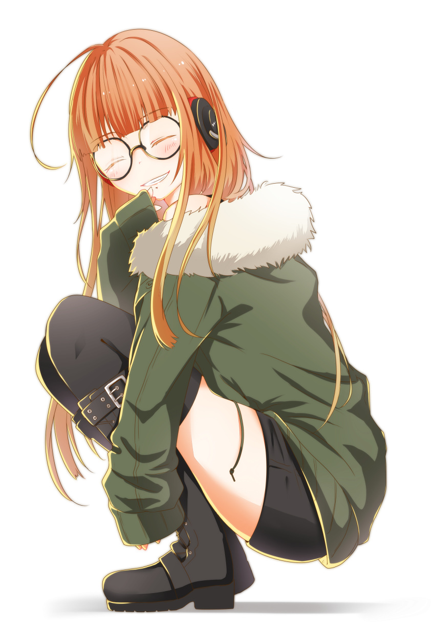 1girl absurdres artist_request bangs bike_shorts black_footwear black_legwear black_shorts blunt_bangs boots closed_eyes coat fur-trimmed_coat fur_trim glasses green_coat headphones highres knee_boots long_hair orange_hair parted_lips persona persona_5 sakura_futaba shorts smile solo squatting thigh-highs yonedamai zettai_ryouiki