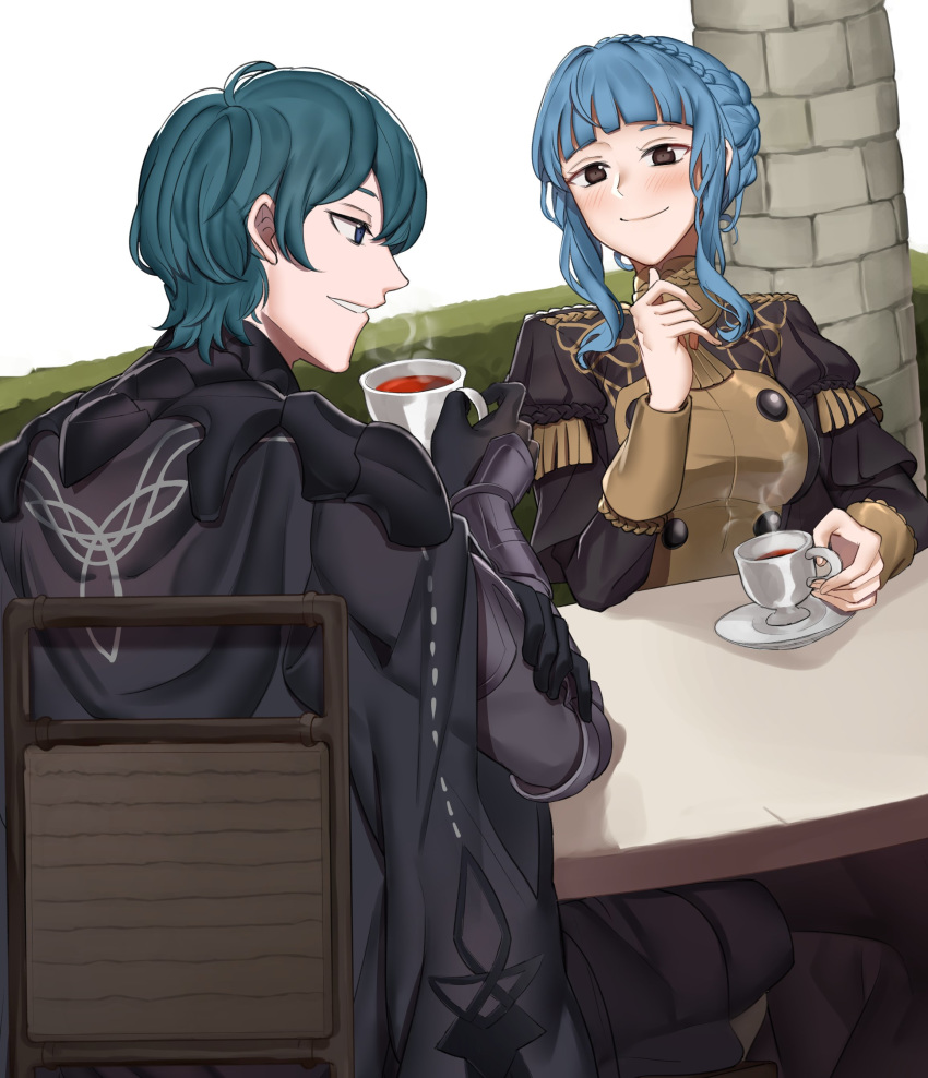 1boy 1girl absurdres black_gloves blue_eyes blue_hair braid brown_eyes byleth_(fire_emblem) byleth_eisner_(male) chair closed_mouth commission crown_braid cup ebinku fire_emblem fire_emblem:_three_houses garreg_mach_monastery_uniform gloves highres holding holding_cup long_sleeves marianne_von_edmund parted_lips short_hair sitting smile table teacup uniform