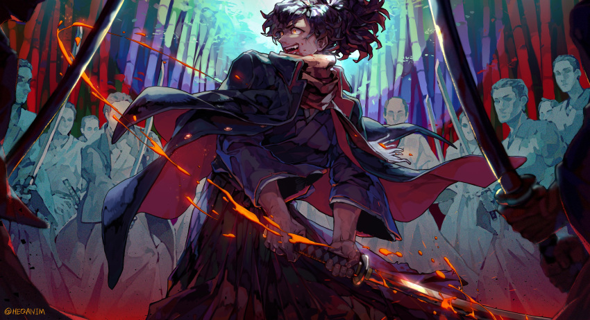 absurdres artist_name bamboo bamboo_forest bangs black_hair blood blood_on_face faceless faceless_male fate/grand_order fate_(series) fighting_stance fire forest glowing glowing_eyes hair_over_one_eye heqanim highres holding holding_weapon japanese_clothes katana koha-ace long_hair long_sleeves male_focus moonlight multiple_boys nature okada_izou_(fate) open_mouth ponytail scarf smile solo_focus sword twitter_username upper_body weapon