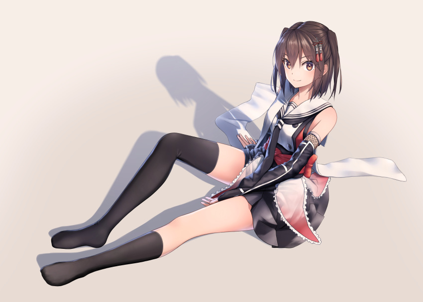 1girl absurdres black_gloves black_legwear black_neckwear black_skirt brown_eyes brown_hair collar commentary double-breasted elbow_gloves fingerless_gloves full_body gloves highres kantai_collection kneehighs looking_at_viewer necktie rankebu remodel_(kantai_collection) sailor_collar scarf scarf_removed school_uniform sendai_(kantai_collection) serafuku shadow short_hair single_kneehigh single_thighhigh sitting skirt sleeveless solo thigh-highs two_side_up white_sailor_collar white_scarf