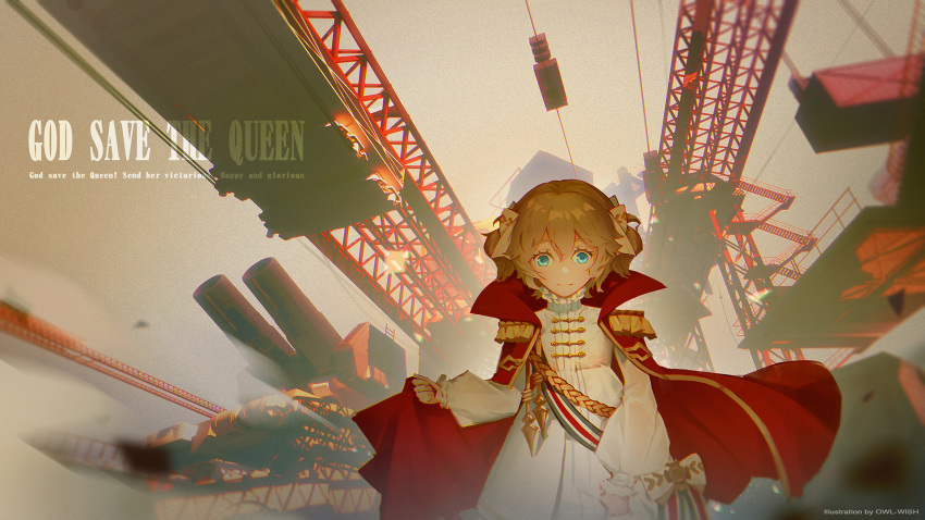 1girl artist_name blue_eyes bow brocade brown_hair cable cape crane_(machine) dress english_text epaulettes eyelashes fog frilled_dress frills gantry girls_frontline god_save_the_queen gold_trim hair_bow high_collar highres holding_cape looking_down owlwish red_cape solo stairs striped striped_bow tan_background turret two_side_up webley_revolver_(girls_frontline) white_bow white_dress