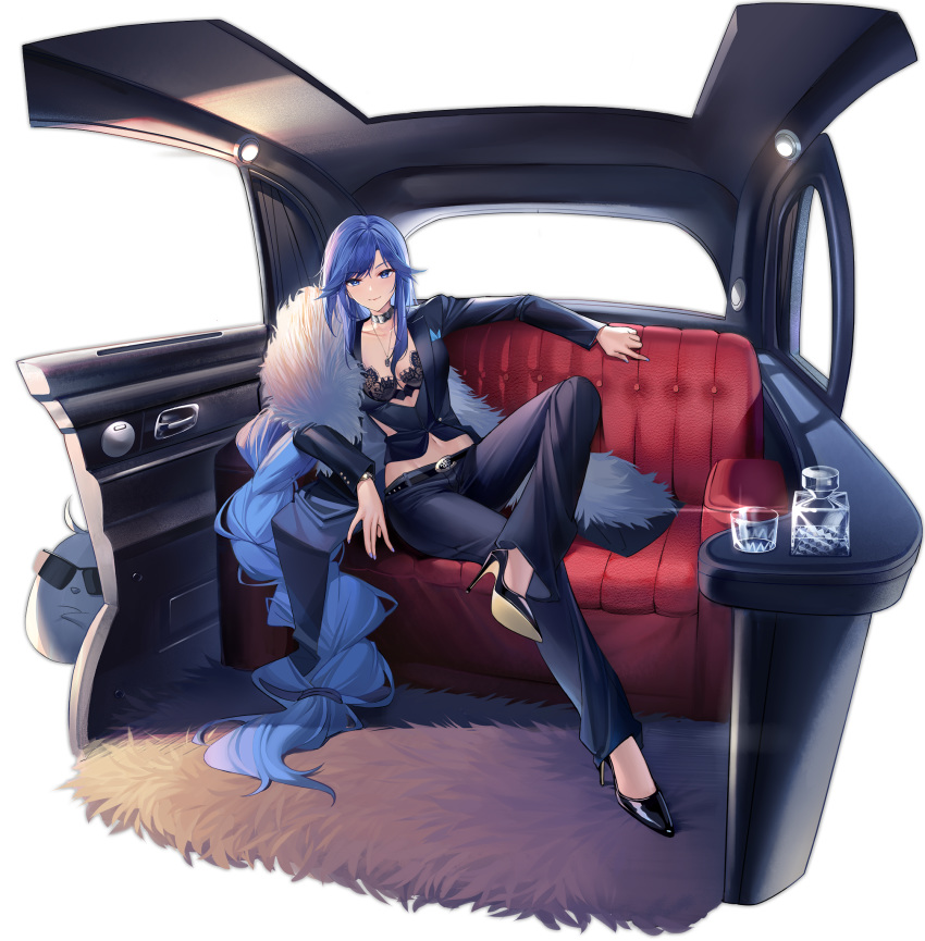 1girl absurdly_long_hair alternate_costume artist_request azur_lane bangs belt biloxi_(azur_lane) biloxi_(empress_in_the_silk_seat)_(azur_lane) black_bra black_footwear black_jacket blue_eyes blue_hair blue_nails blue_pants blue_ribbon bra braid car_interior center_opening character_name choker company_name copyright_name crossed_legs cup drinking_glass eagle_union_(emblem) expressions feather_boa formal full_body fur glass hair_ribbon handkerchief high_heels highres jacket jewelry lace lace_bra limousine long_hair long_sleeves looking_at_viewer manjuu_(azur_lane) nail_polish navel necklace no_shirt no_socks official_art pants pumps reclining ribbon shoes single_braid sitting smile suit suit_jacket sunglasses swept_bangs transparent_background underwear very_long_hair waistcoat watch watch watermark