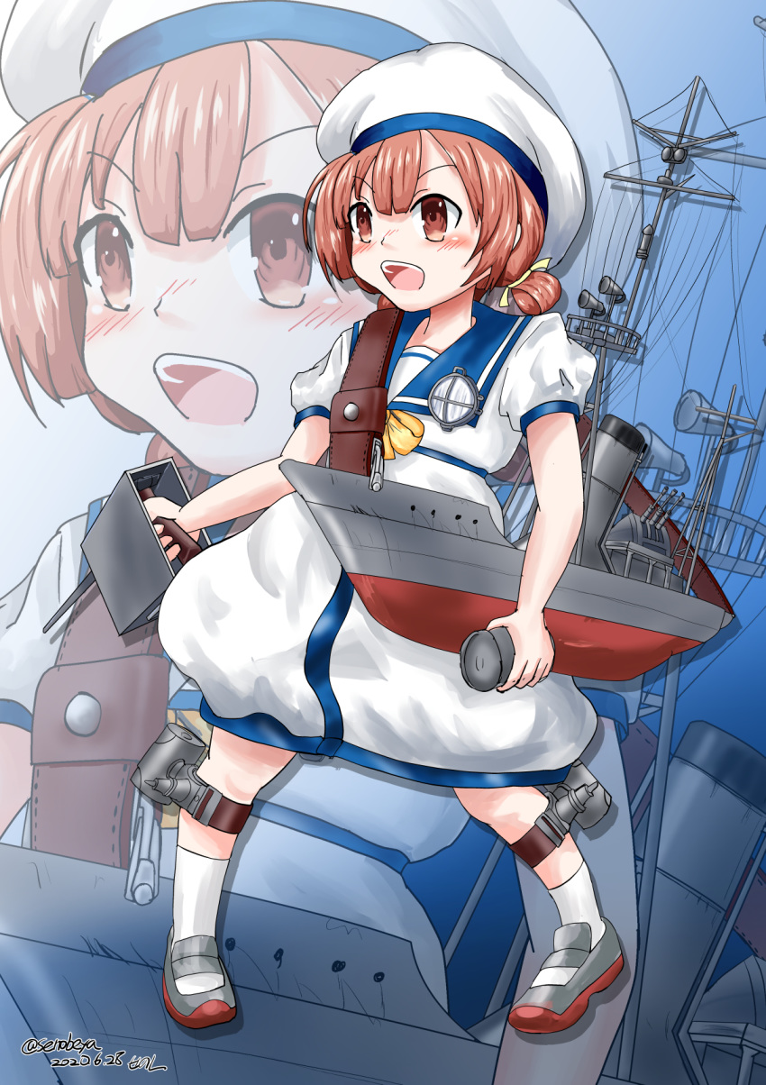 1girl adapted_turret blue_background brown_eyes cannon commentary_request dated depth_charge dress full_body gradient gradient_background hat highres kaiboukan_no.4_(kantai_collection) kantai_collection low_twintails machinery open_mouth sailor_dress sailor_hat searchlight senon short_hair solo standing turret twintails twitter_username upper_teeth white_dress white_headwear zoom_layer