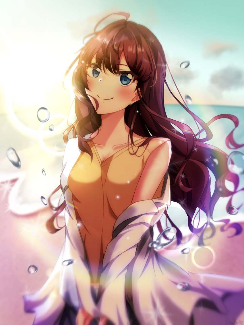 1girl ahoge blue_eyes blue_sky blush brown_hair clouds coat collarbone commentary_request head_tilt highres ichinose_shiki idolmaster idolmaster_cinderella_girls lens_flare long_hair looking_at_viewer ocean open_clothes open_coat outdoors shirt sky sleeveless sleeveless_shirt smile solo water_drop white_coat y_(louder32) yellow_shirt