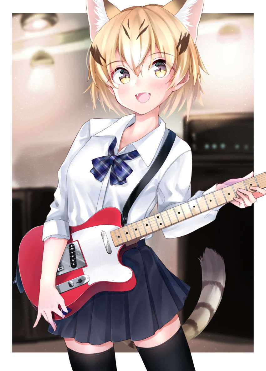 1girl alternate_costume animal_ears black_hair blonde_hair blue_neckwear blush bow bowtie brown_hair cat_ears cat_girl cat_tail collared_shirt commentary_request extra_ears eyebrows_visible_through_hair fang guitar highres instrument kemono_friends kinou_no_shika long_sleeves multicolored_hair navy_blue_skirt open_mouth plaid_neckwear pleated_skirt plectrum sand_cat_(kemono_friends) school_uniform shirt short_hair skirt sleeves_rolled_up solo tail thigh-highs white_shirt yellow_eyes zettai_ryouiki