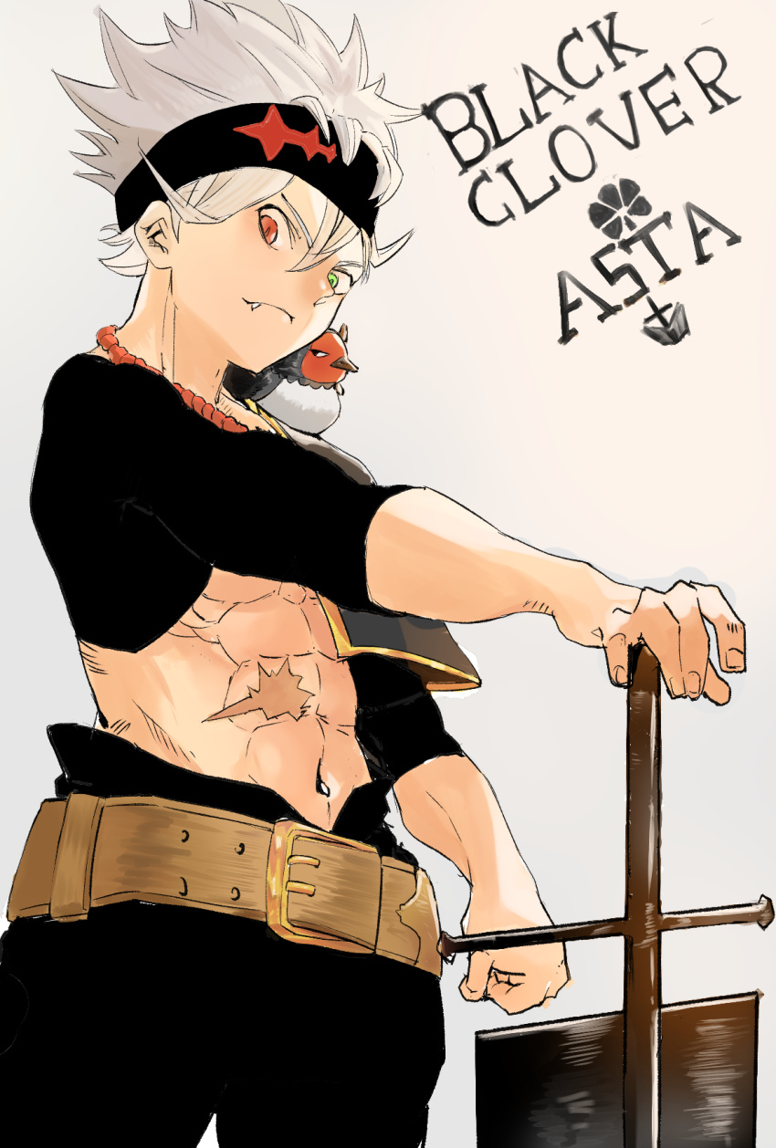 1boy animal_on_shoulder asta_(black_clover) belt bird bird_on_shoulder black_clover black_headband fang green_eyes hair_between_eyes hand_on_hilt headband highres holding looking_at_viewer multicolored multicolored_eyes navel nero_(black_clover) nyahpa20 planted_sword planted_weapon red_eyes short_hair silver_hair sword upper_body weapon