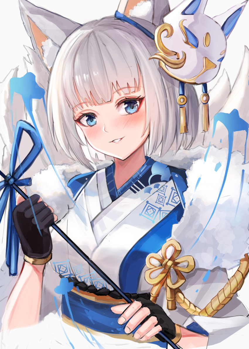 1girl absurdres animal_ears azur_lane black_gloves blue_eyes blush breasts eyebrows_visible_through_hair fingerless_gloves fox_ears fox_girl fox_mask fox_tail gloves he_c92 highres holding japanese_clothes kaga_(azur_lane) kimono large_breasts looking_at_viewer mask mask_on_head multiple_tails short_hair smile tail white_background white_hair white_kimono wide_sleeves