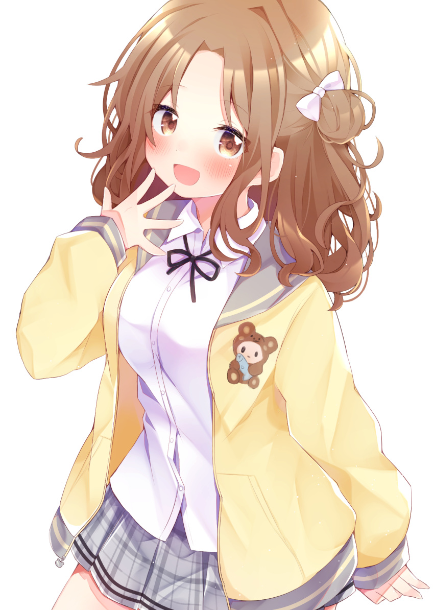 1girl animal_print bangs bear_print black_neckwear black_ribbon blush bow breasts brown_eyes brown_hair cardigan commentary_request eringikinono grey_skirt hair_bow hair_bun hair_ribbon highres ichikawa_hinana idolmaster idolmaster_shiny_colors long_hair long_sleeves looking_at_viewer neck_ribbon open_cardigan open_clothes open_mouth parted_bangs pleated_skirt ribbon school_uniform shirt side_bun simple_background skirt sleeves_past_wrists smile solo white_background white_bow white_shirt yellow_cardigan