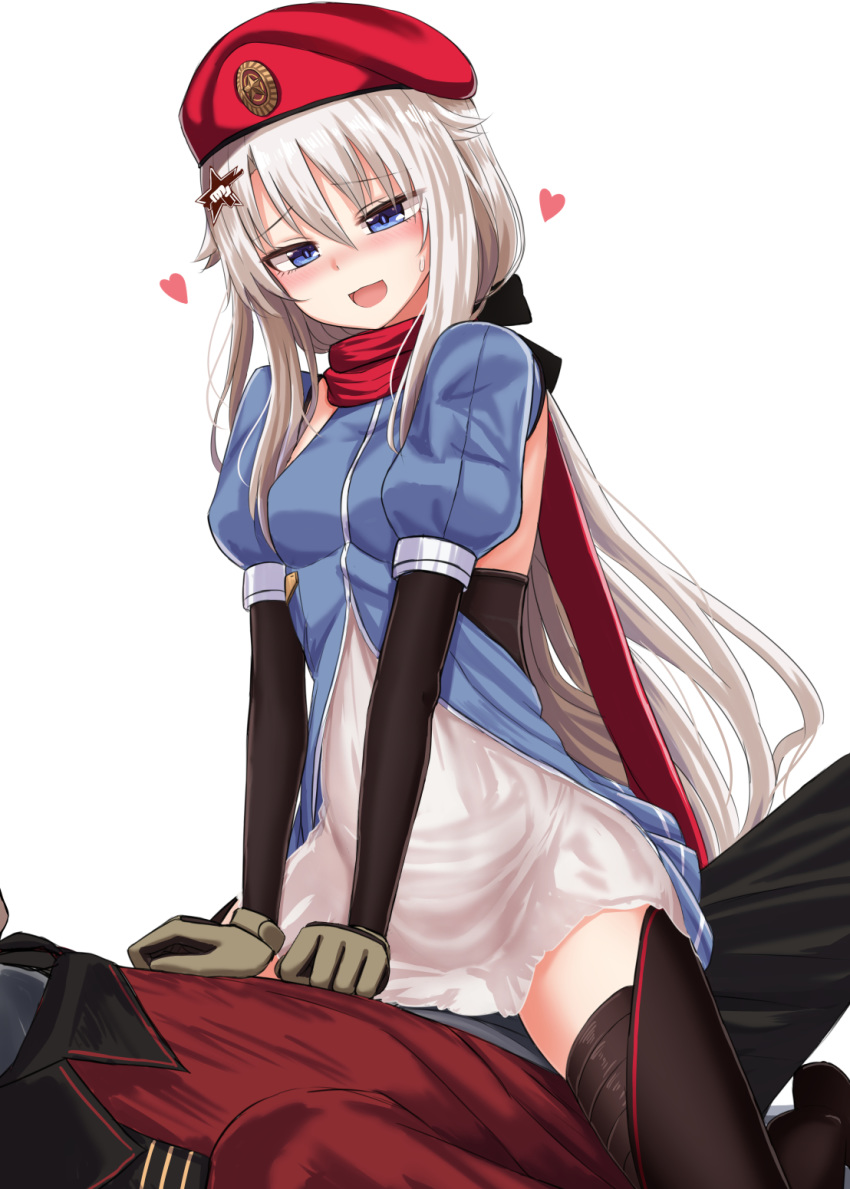 1boy 1girl 9a-91_(girls_frontline) :d beret black_legwear blue_dress blue_eyes blush breasts commander_(girls_frontline) detached_sleeves dress girl_on_top girls_frontline gloves hair_ornament hat heart highres long_hair long_sleeves open_mouth pants rabochicken red_headwear scarf silver_hair simple_background small_breasts smile solo_focus star_(symbol) star_hair_ornament thigh-highs very_long_hair white_background
