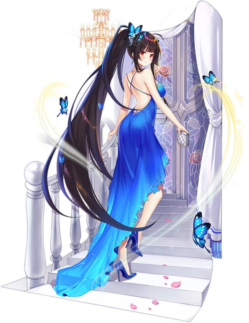 1girl agano_(azur_lane) agano_(blue_butterfly's_confession)_(azur_lane) ahoge alternate_costume azur_lane backless_dress backless_outfit bangs bare_shoulders blue_butterfly blue_dress blue_footwear breasts brown_hair bug butterfly_hair_ornament closed_mouth cocktail_dress curtains dress expressions from_behind full_body hair_ornament hecha_(swy1996228) highres holding insect long_hair looking_at_viewer looking_back medium_breasts official_art petals ponytail red_eyes sakura_empire_(emblem) shoes sleeveless sleeveless_dress smile solo stairs very_long_hair