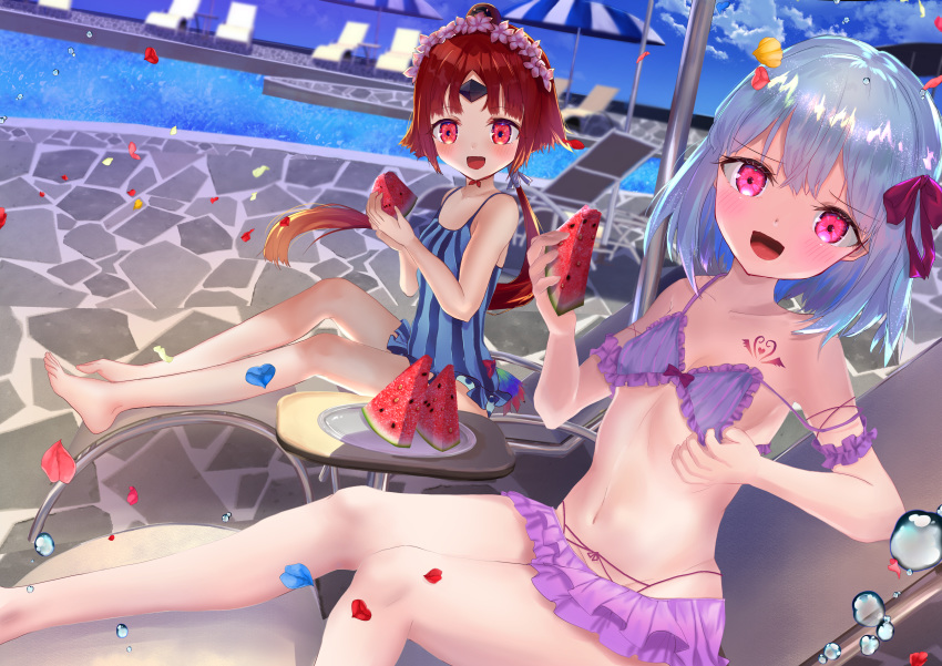 absurdres arm_scrunchie bangs bare_shoulders beach_chair benienma_(fate/grand_order) bikini blue_swimsuit blush breasts collarbone fate/grand_order fate_(series) food frilled_bikini frills fruit hair_ribbon highres huge_filesize isuzu_(an_icy_cat) kama_(fate/grand_order) legs long_hair looking_at_viewer low_ponytail microskirt navel one-piece_swimsuit open_mouth parted_bangs petals pink_eyes pink_ribbon pool purple_bikini red_eyes redhead ribbon silver_hair sitting skirt smile striped summer_enma-tei swimsuit thighs vertical-striped_swimsuit vertical_stripes very_long_hair watermelon