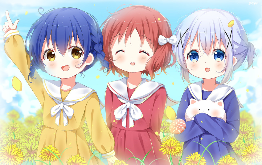 3girls :d ^_^ angora_rabbit animal animal_hug arm_up bangs blue_dress blue_eyes blue_hair blush bow braid brown_eyes brown_hair candy closed_eyes commentary_request day deyui dress eyebrows_visible_through_hair facing_viewer fang field flower flower_field food gochuumon_wa_usagi_desu_ka? hair_between_eyes hair_bow hair_ornament highres index_finger_raised jouga_maya kafuu_chino lollipop long_sleeves looking_at_viewer matching_outfit multiple_girls natsu_megumi open_mouth outdoors petals pleated_dress rabbit red_dress sailor_collar sailor_dress short_twintails signature sleeves_past_wrists smile swirl_lollipop tippy_(gochiusa) twin_braids twintails upper_teeth white_bow white_sailor_collar x_hair_ornament yellow_dress yellow_flower younger