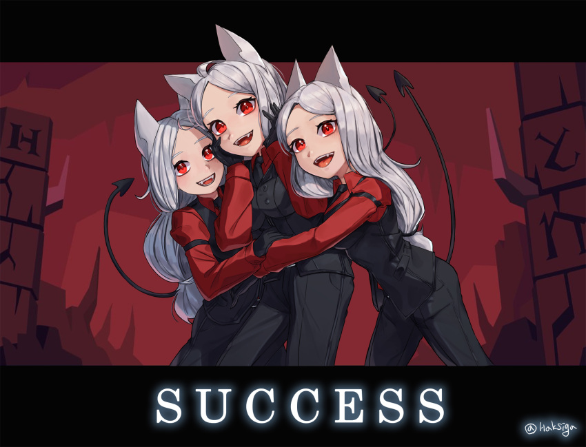3girls ahoge animal_ears arm_garter artist_name bangs black_gloves black_pants blush breasts cerberus_(helltaker) commentary_request demon_girl demon_tail dog_ears dog_girl english_text fang fangs gloves haksiga helltaker highres hug korean_commentary long_hair long_sleeves looking_at_viewer low-tied_long_hair medium_breasts multiple_girls necktie open_mouth pants parted_bangs red_background red_eyes red_shirt shirt smile tail teeth tongue tongue_out triplets upper_teeth vest waistcoat white_hair
