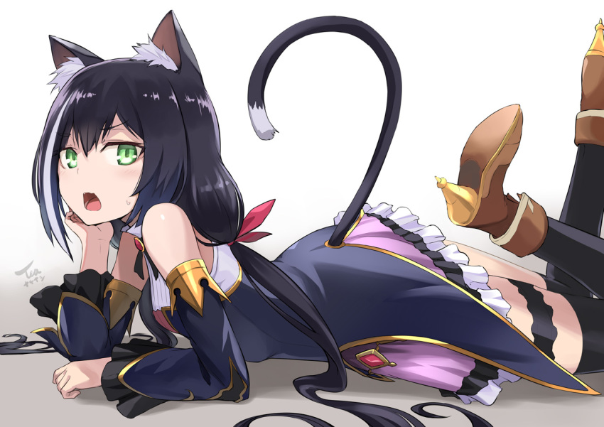 1girl animal_ear_fluff animal_ears bare_shoulders black_dress black_hair black_legwear brown_footwear cat_ears cat_girl cat_tail chin_rest detached_sleeves dress frills gold_trim green_eyes karyl_(princess_connect!) legs_up long_hair long_sleeves looking_at_viewer lying multicolored_hair on_stomach princess_connect! princess_connect!_re:dive shoes simple_background solo streaked_hair sweatdrop tail tail_raised tea_(nakenashi) thigh-highs thigh_strap very_long_hair white_background