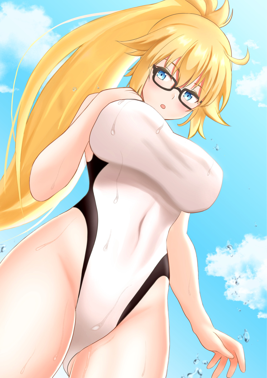 1girl absurdres bangs bare_shoulders bikini blonde_hair blue_eyes blue_sky blush breasts covered_navel fate/grand_order fate_(series) glasses hand_on_own_chest highleg highleg_swimsuit highres igloo_03 jeanne_d'arc_(fate)_(all) jeanne_d'arc_(swimsuit_archer) large_breasts long_hair looking_at_viewer one-piece_swimsuit open_mouth ponytail sky swimsuit thighs wet white_bikini
