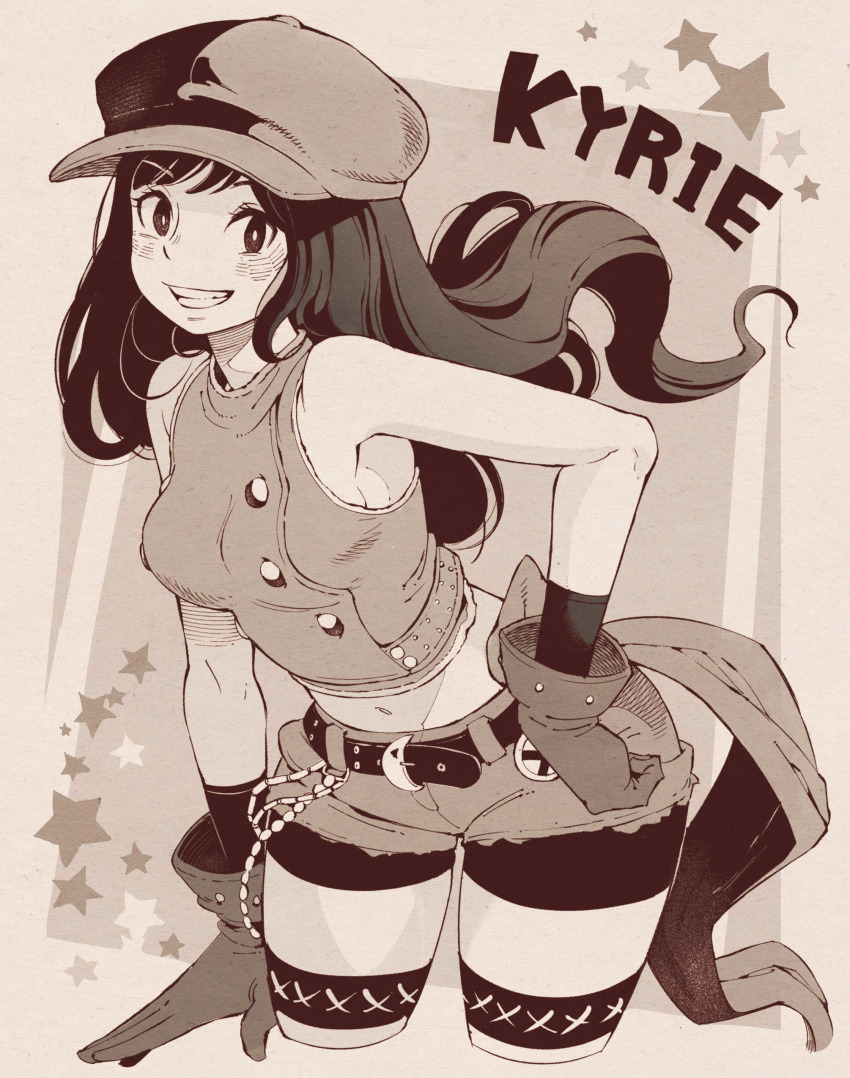 1girl absurdres bare_shoulders belt bike_shorts bike_shorts_under_shorts breasts cabbie_hat character_name final_fantasy final_fantasy_vii final_fantasy_vii_remake gloves greyscale hat highres kyrie_canaan midriff monochrome navel sho.t shorts sleeveless smile solo striped striped_legwear teeth