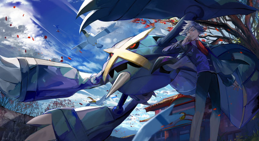 1boy architecture ascot autumn_leaves bangs black_pants blue_eyes blue_jacket blue_sky blue_vest border0715 building clouds east_asian_architecture flying gen_3_pokemon hand_on_own_head highres jacket jewelry latias latios legendary_pokemon long_sleeves looking_away male_pubic_hair metagross open_clothes open_jacket outdoors pants parted_lips pokemon pokemon_(creature) pubic_hair red_neckwear ring short_hair silver_hair sky solo standing tree tsuwabuki_daigo vest wind wingull