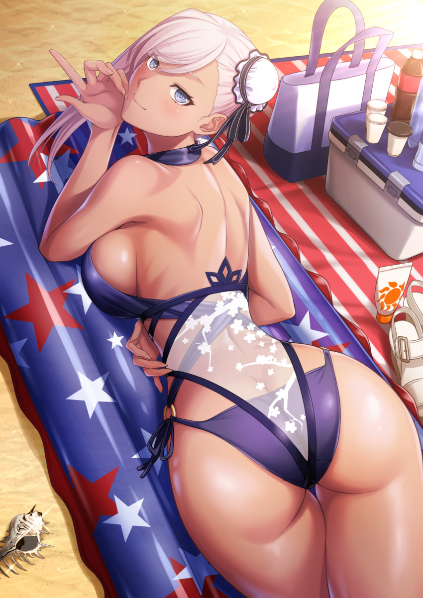 1girl ass asymmetrical_hair back bangs beach blue_eyes blue_swimsuit blush breasts bun_cover closed_mouth cooler cup dark_skin fate/grand_order fate_(series) hair_bun highleg highleg_swimsuit highres inflatable_raft large_breasts long_hair looking_at_viewer miyamoto_musashi_(fate/grand_order) miyamoto_musashi_(swimsuit_berserker)_(fate) pink_hair seashell shell side_bun sideboob smile soda_bottle swept_bangs swimsuit tan tawagoto_dukai_no_deshi thighs