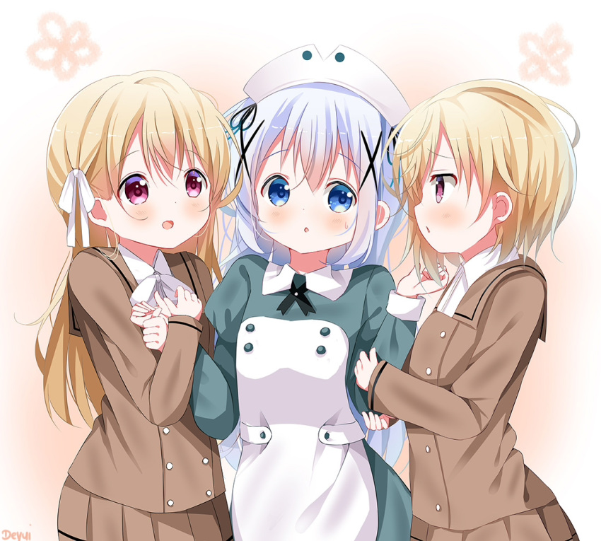 3girls :d :o bangs blue_eyes blue_hair blush bow brown_jacket brown_sailor_collar brown_skirt character_request collared_dress collared_shirt commentary_request deyui dress dress_shirt eyebrows_visible_through_hair girl_sandwich gochuumon_wa_usagi_desu_ka? green_dress hair_between_eyes hair_bow hair_ornament hands_up hat jacket kafuu_chino light_brown_hair long_hair multiple_girls open_mouth parted_lips pleated_skirt profile red_eyes sailor_collar sandwiched shirt signature skirt smile very_long_hair white_bow white_headwear white_shirt x_hair_ornament