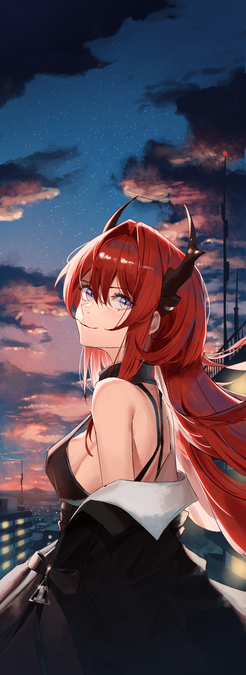 1girl absurdres arknights backlighting bare_shoulders black_coat breasts building city closed_mouth clouds coat detached_collar from_side hair_intakes highres horns long_hair looking_at_viewer looking_to_the_side medium_breasts off_shoulder open_clothes open_coat outdoors redhead sadriv sideboob sky smile solo star_(sky) starry_sky strap_gap surtr_(arknights) twilight very_long_hair violet_eyes