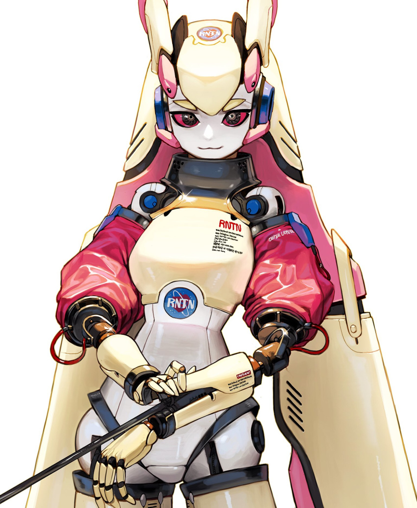 1girl :3 black_eyes breasts closed_mouth eyebrows highres looking_at_viewer mecha_musume mechanical_arm medium_breasts original red_sclera rinotuna smile solo wire