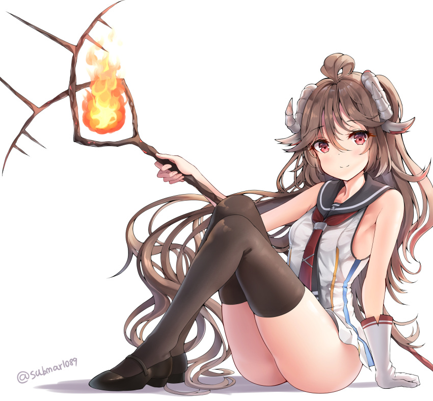 1girl alternate_costume arknights artist_name bangs bare_arms bare_shoulders black_footwear black_legwear breasts brown_hair commentary eyebrows_visible_through_hair eyjafjalla_(arknights) fire highres holding holding_staff horns knees_up long_hair looking_at_viewer mary_janes originium_arts_(arknights) red_eyes red_neckwear sheep_horns shoes simple_background sitting sleeveless small_breasts smile sobmarine solo staff thigh-highs thighs twitter_username very_long_hair