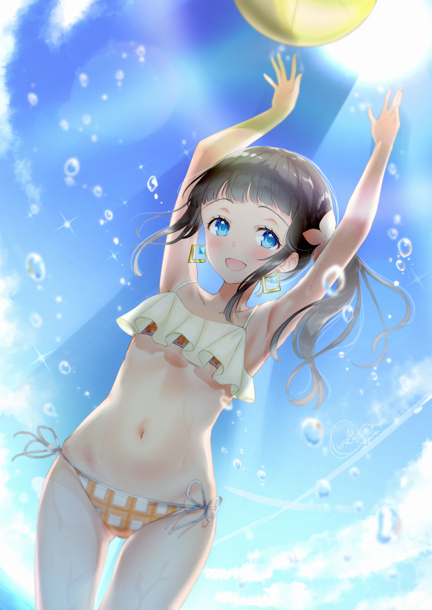 1girl :d absurdres armpits arms_up ball bare_arms bare_shoulders beachball bikini black_hair blue_eyes blue_sky brown_flower clouds collarbone commentary_request day earrings flower groin hair_flower hair_ornament highres jewelry long_hair looking_at_viewer luna_(mi-chanman) navel open_mouth original outdoors plaid plaid_bikini side-tie_bikini side_ponytail sidelocks sky smile solo swimsuit water_drop wet