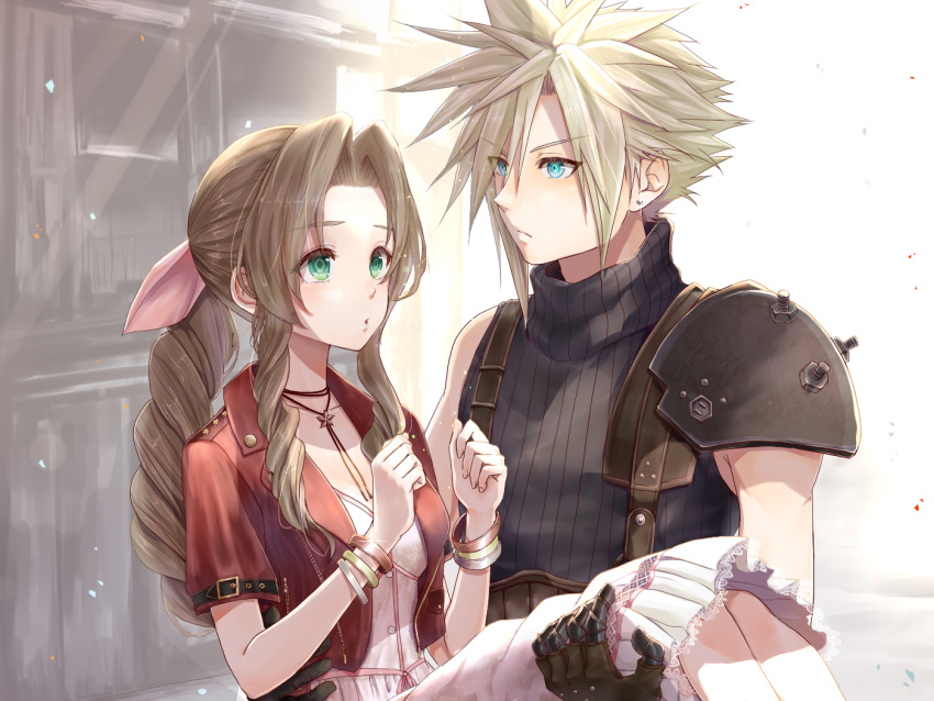 1boy 1girl aerith_gainsborough blonde_hair blue_eyes braid braided_ponytail carrying choker cloud_strife cropped_jacket dress final_fantasy final_fantasy_vii final_fantasy_vii_remake frilled_dress frills green_eyes gumiseijin jewelry looking_at_another necklace princess_carry short_sleeves sleeveless smile