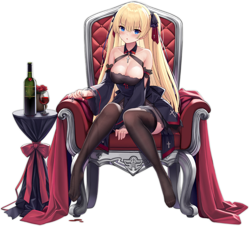 1girl alcohol allenes alternate_costume armchair azur_lane bangs bare_shoulders black_dress black_legwear blonde_hair blue_eyes blush bottle breasts chair closed_mouth commentary_request cross cup detached_sleeves dress drinking_glass eyebrows_visible_through_hair feet flower full_body gradient gradient_background hair_between_eyes hair_ribbon highres jewelry large_breasts long_hair looking_at_viewer multiple_views official_art one_eye_closed open_mouth red_flower red_ribbon red_rose red_wine ribbon rose royal_navy_(emblem) sitting smile solo sussex_(azur_lane) sussex_(wine_and_red_roses)_(azue_lane) table thigh-highs transparent_background wide_sleeves wine wine_glass