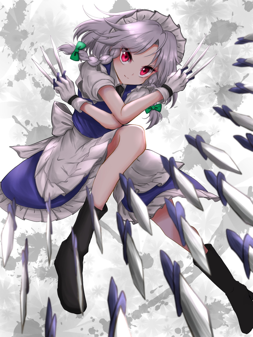1girl apron arms_up bangs between_fingers black_footwear blue_skirt blue_vest blurry_foreground boots braid commentary crossed_arms elbow_on_knee evil_smile eyebrows_visible_through_hair floating floral_background gloves gradient gradient_background grey_background highres holding holding_knife izayoi_sakuya kayon_(touzoku) knee_up knife looking_at_viewer maid_headdress outstretched_leg parted_bangs puffy_short_sleeves puffy_sleeves red_eyes shirt short_hair short_sleeves silver_hair skirt smile solo splatter_background touhou twin_braids vest waist_apron white_gloves white_shirt