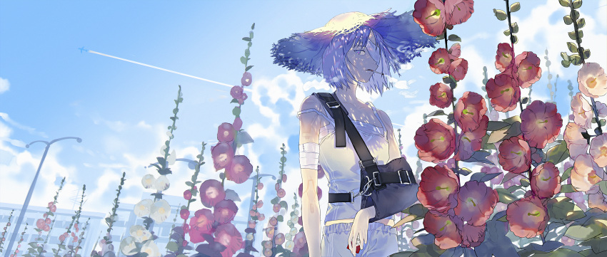 1girl absurdres arm_sling bandaged_arm bandages bangs cigarette clouds condensation_trail eyepatch flower grey_eyes hat highres holding kurohal lamppost original outdoors plant red_flower short_hair silver_hair sky smoking solo straw_hat tank_top white_flower