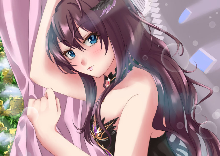 1girl bare_shoulders black_choker black_dress blue_eyes blush brown_hair choker commentary_request curtains dress feathers hair_feathers highres ichinose_shiki idolmaster idolmaster_cinderella_girls idolmaster_cinderella_girls_starlight_stage long_hair looking_at_viewer monotombo2 sleeveless sleeveless_dress solo wavy_hair