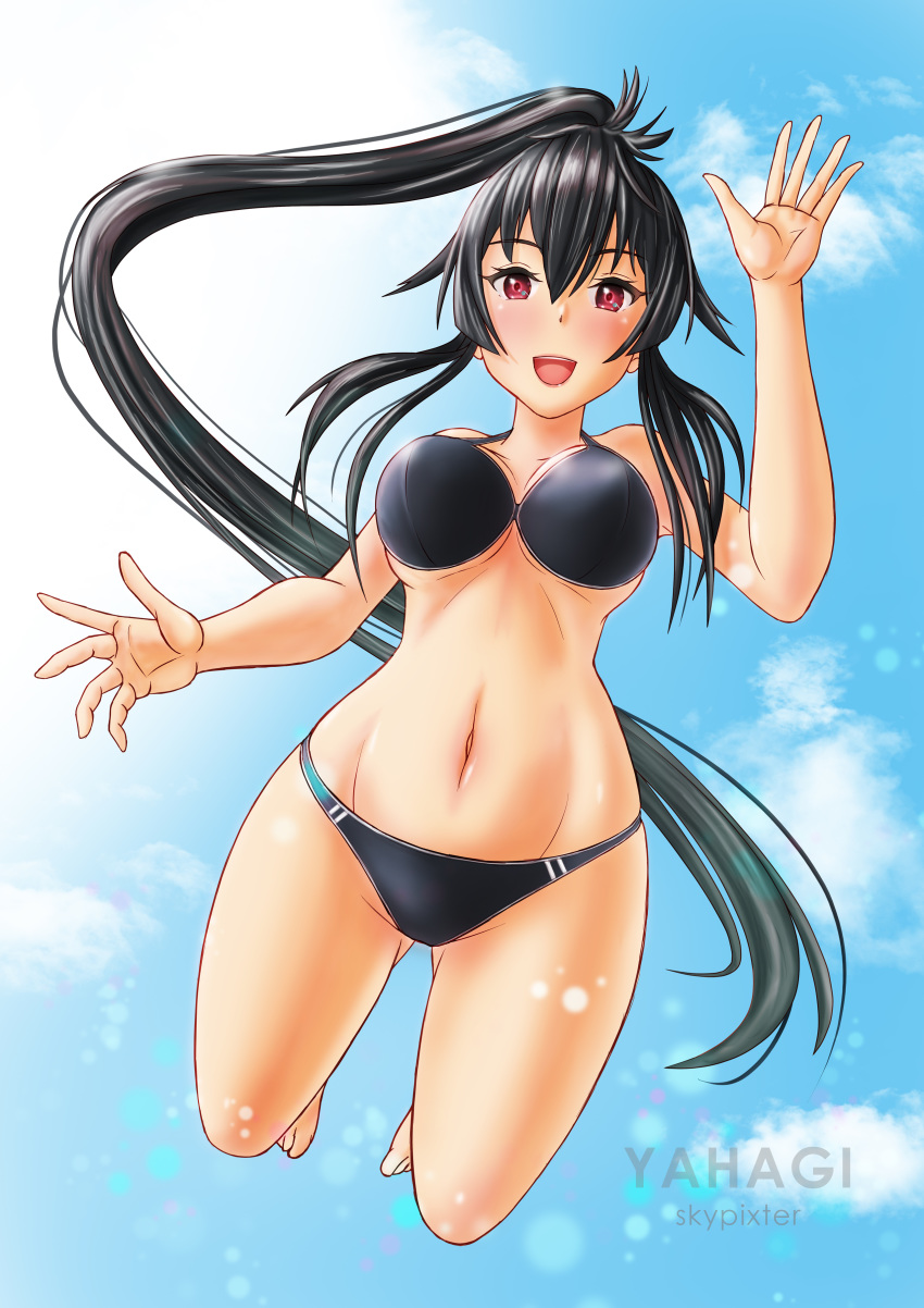 1girl absurdres barefoot bikini black_bikini black_hair blue_sky breasts character_name clouds commentary_request highres jumping kantai_collection large_breasts long_hair looking_at_viewer navel ponytail red_eyes scrunchie sidelocks sky skypixter smile solo swimsuit yahagi_(kantai_collection)