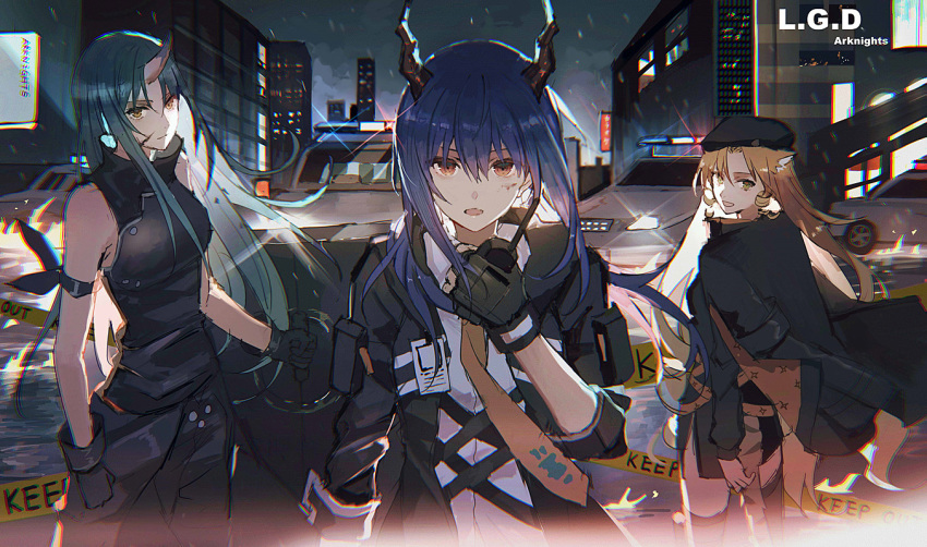 3girls animal_ears arknights armband armor beret black_gloves black_headwear black_jacket black_legwear black_pants black_shirt blonde_hair blood blood_on_face blue_hair breastplate breasts building car caution_tape ch'en_(arknights) city collared_shirt commentary copyright_name cowboy_shot dragon_horns drill_hair facial_scar fingerless_gloves glint gloves green_hair ground_vehicle hair_between_eyes hannya_(arknights) hat holding_shield horns hoshiguma_(arknights) jacket jacket_on_shoulders keep_out lococo:p long_hair looking_at_viewer medium_breasts motor_vehicle multiple_girls necktie oni_horns open_clothes open_jacket open_mouth orange_eyes outdoors pants police police_car rain scar scar_on_cheek shield shirt side_drill sleeveless sleeveless_shirt swire_(arknights) tail thigh-highs thighs tiger_ears tiger_tail turtleneck twin_drills twintails walkie-talkie white_shirt wing_collar yellow_eyes yellow_neckwear