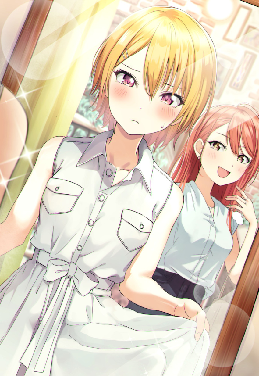 +_+ 2girls :d arisugawa_natsuha bangs bare_arms bare_shoulders black_skirt blonde_hair blush bow breasts brown_eyes brown_hair closed_mouth collarbone collared_dress commentary_request dress dress_shirt dutch_angle earrings eyebrows_visible_through_hair hair_between_eyes hair_ornament hairclip highres idolmaster idolmaster_shiny_colors jewelry long_hair mirror multiple_girls open_mouth reflection saijou_juri shaka_(staito0515) shirt short_hair skirt skirt_hold sleeveless sleeveless_dress small_breasts smile standing sweat violet_eyes white_bow white_dress white_shirt