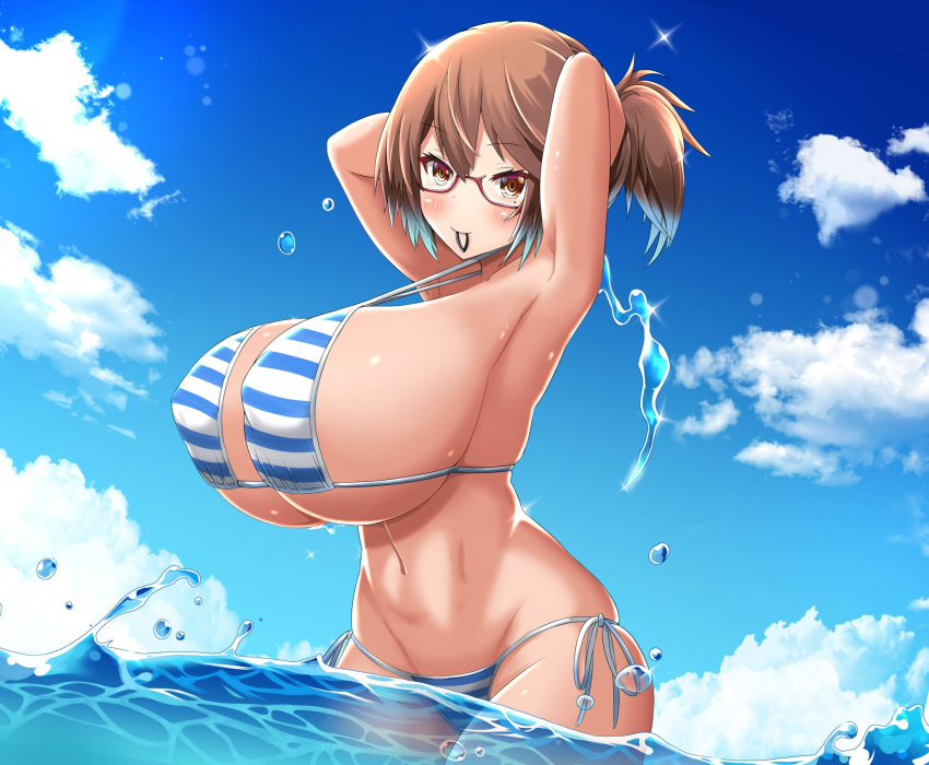 1girl adjusting_hair arms_behind_head bare_shoulders bikini blue_sky breasts cowboy_shot glasses highres huge_breasts mameneko_pai ocean original ponytail ponytail_holder red-framed_eyewear semi-rimless_eyewear side-tie_bikini sky smile splashing striped striped_bikini swimsuit under-rim_eyewear