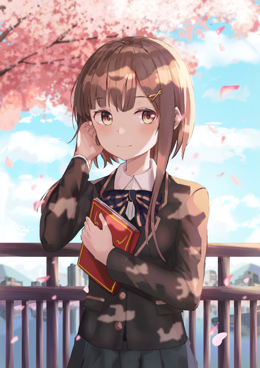 1girl absurdres bangs black_skirt blunt_bangs book brown_eyes brown_hair brown_jacket building cherry_blossoms city clouds collarbone eyebrows_visible_through_hair hair_ornament hairclip hand_in_hair highres holding holding_book hwanhee jacket mountain neckwear original outdoors petals pleated_skirt railing school_uniform shirt sidelocks skirt tree uniform white_shirt x_hair_ornament