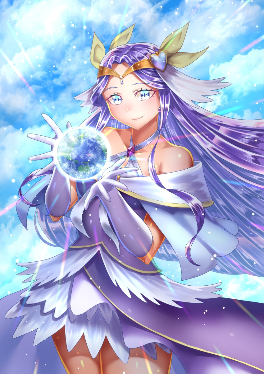 1girl absurdres bare_shoulders blue_eyes capelet clouds cloudy_sky commentary_request cure_earth curecycad08 earrings earth fuurin_asumi gloves healin'_good_precure highres jewelry magical_girl planet precure skirt sky solo tiara